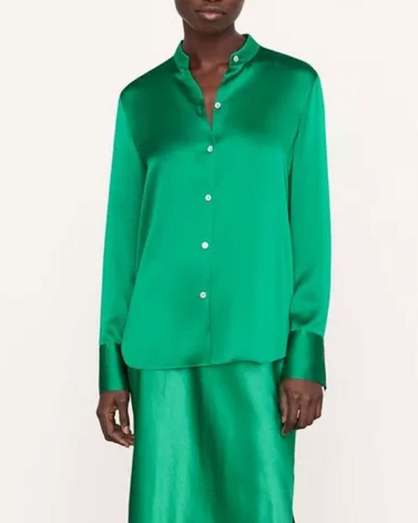 Emerald Slim Fitted Band Collar Blouse For Cheap