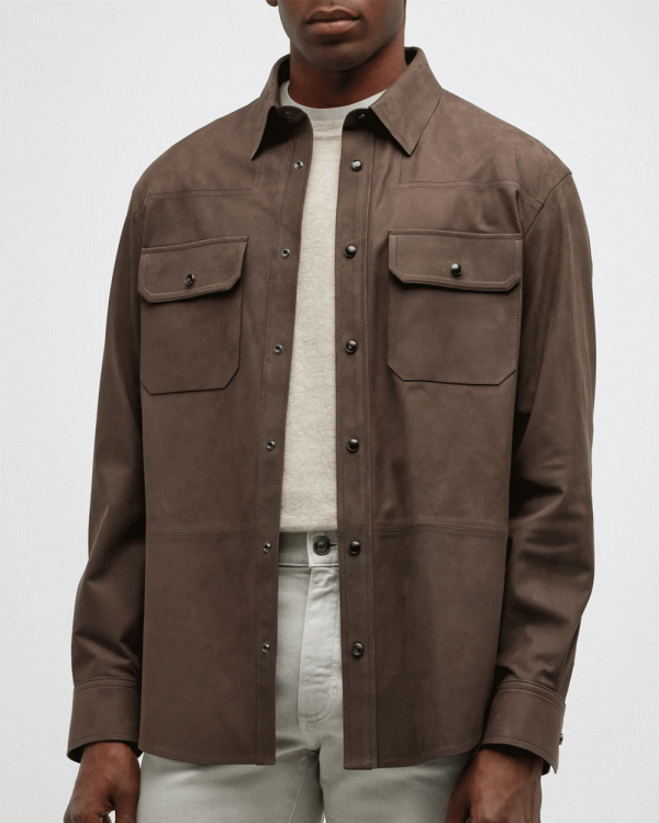 Brown Nubuck Leather Overshirt Discount