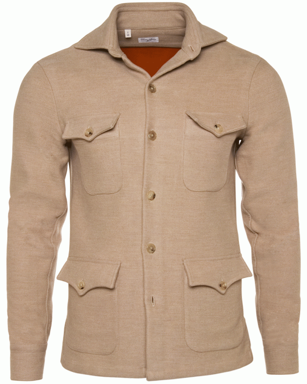 Tan Cotton and Cashmere Overshirt with Orange Lining For Sale