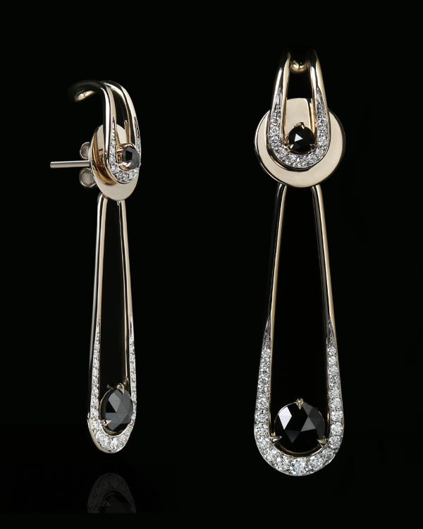 Biela Layered Earrings with Black and White Diamonds in 18k Yellow Gold Cheap