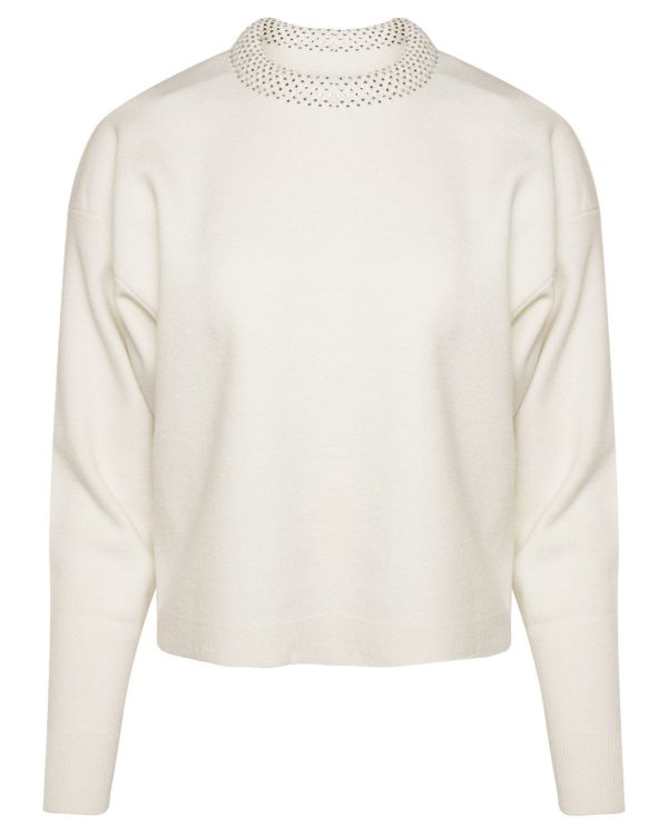 White Dahara Embellished Crew Neck Sweater Online Sale