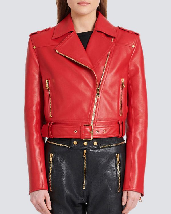 Rouge Leather Cropped Belted Biker Jacket Online