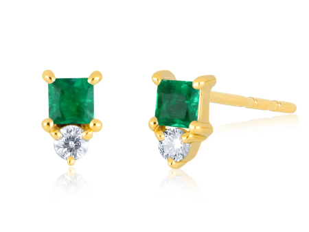 14k Yellow Gold Birthstone Emerald Stud Earrings For Sale