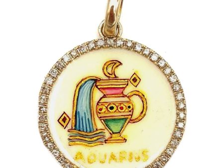 14k Yellow Gold and Silver Aquarius Zodiac Pendant with Diamonds For Sale