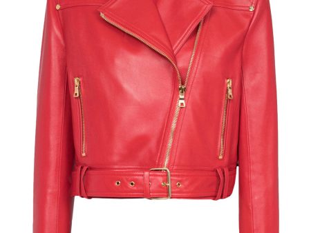 Rouge Leather Cropped Belted Biker Jacket Online