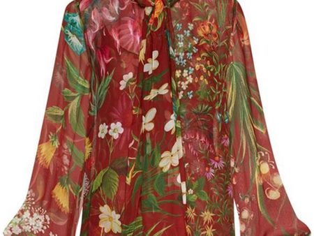 Rust Floral Tapestry Tie Neck Blouse Sale