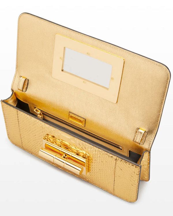 Turn Lock Laminated Python Clutch in Gold Fashion