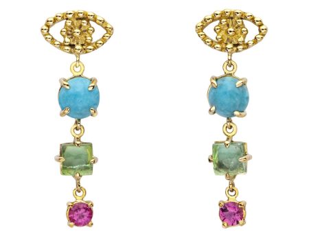 18k Yellow Gold Pink and Blue Eye Earrings Discount