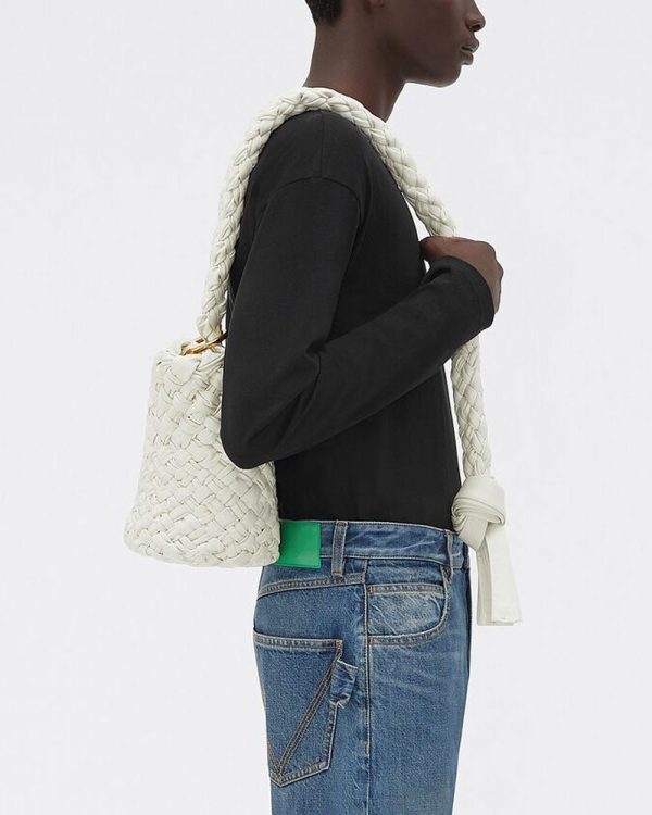 Small Woven Intreccio Nappa Kalimero Top Handle Bag in Bone Discount