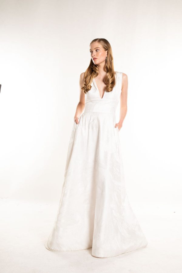 White Painted Metallic Italian Jacquard V-Neck Gown For Cheap