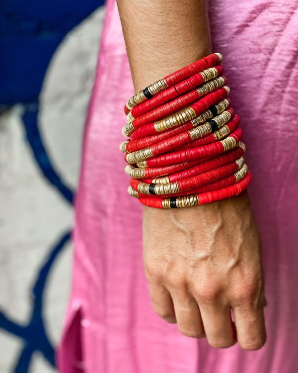 14k Gold and Red Vinyl Stretch Bracelet For Cheap