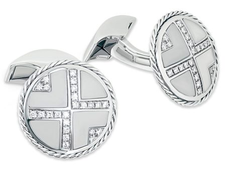 18k White Gold and Diamond Royal Cable Round Deco Cufflinks Discount