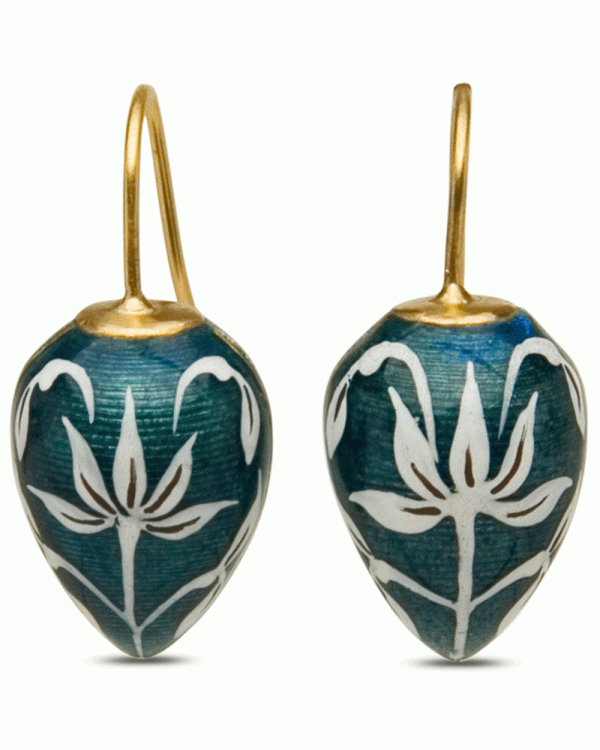 22k Teal Enamel Drop Earrings with White Flower For Sale