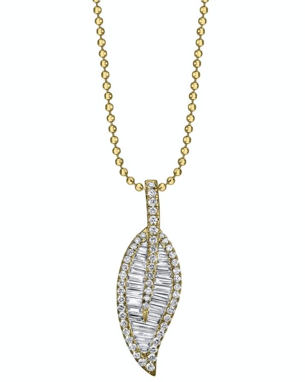 18k Yellow Gold Large Leaf  Diamond Pendant Necklace Fashion