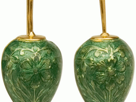 22k Yellow Gold Scrolled Green Enamel Flower Drop Earrings For Discount