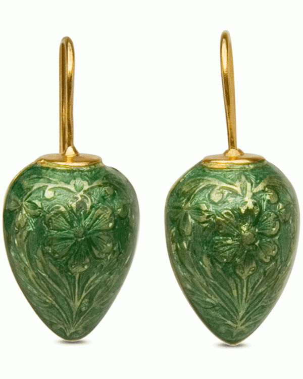 22k Yellow Gold Scrolled Green Enamel Flower Drop Earrings For Discount