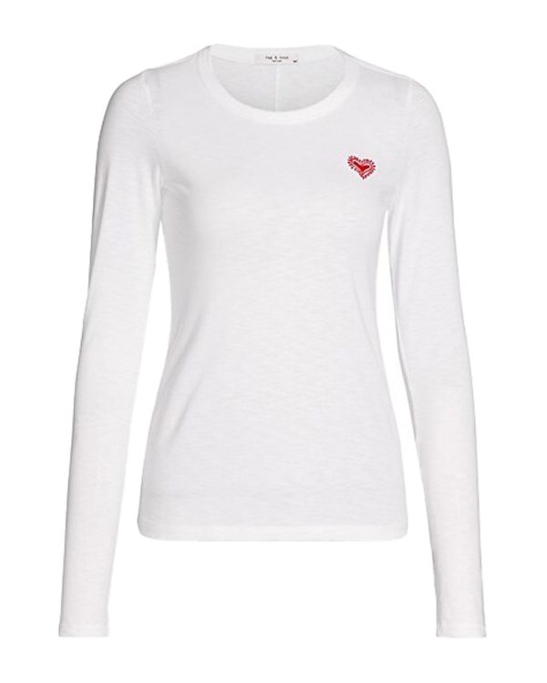 White Embroidered Heart Long Sleeve Tee on Sale