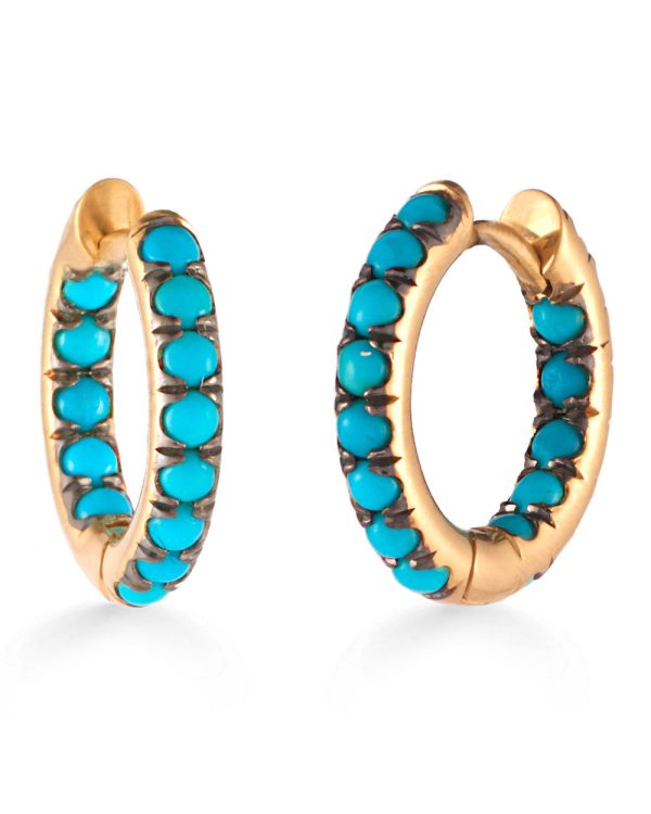 18k Yellow Gold Turquoise Huggie Earrings Discount