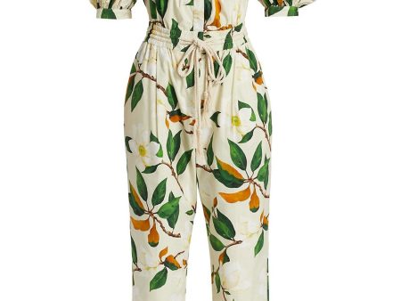 Sand Floral Magnolia Off The Shoulder Jumpsuit Cheap