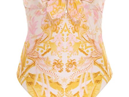 Yellow Palm Tie Front Lyre One Piece Swimsuit on Sale