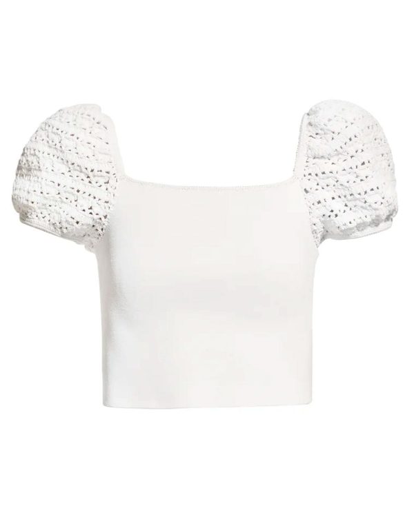 White Caley Crochet Puff Sleeve Crop Top on Sale