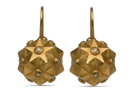 18k Hollow Yellow Gold Satin Finish Star Ball Earrings with Diamonds For Cheap