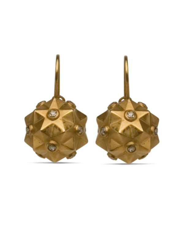 18k Hollow Yellow Gold Satin Finish Star Ball Earrings with Diamonds For Cheap