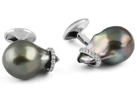 18k White Gold and Diamond Baroque Pearl Cufflinks on Sale