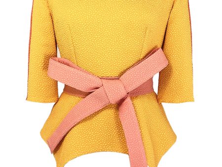 Yellow and Coral Flou Bubble Jacquard Jupiter Peplum Blouse For Discount