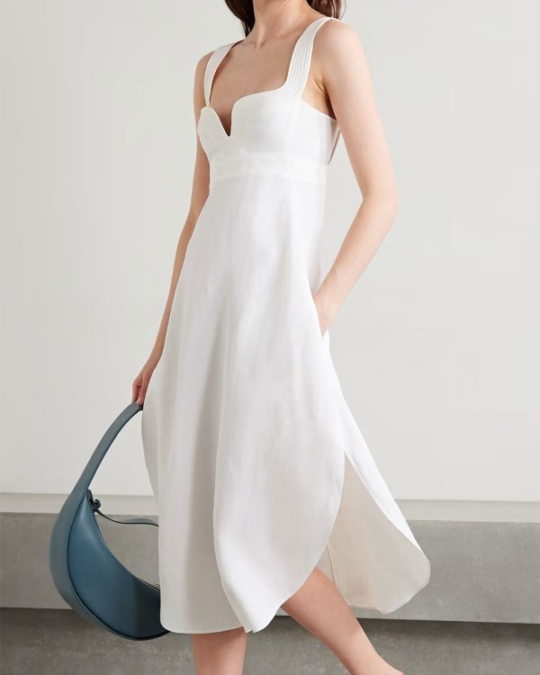 White Fluid Linen Midi Dress Fashion