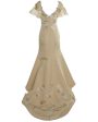 Beige Silk Faille Floral Appliqued Fit and Flare with Petal Train Supply