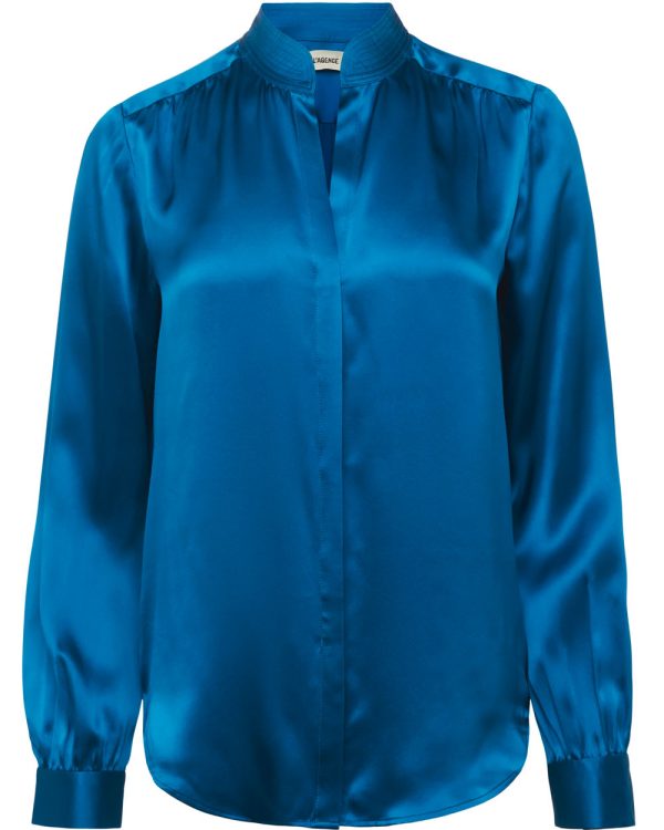 Teal Band Collar Bianca Blouse For Cheap