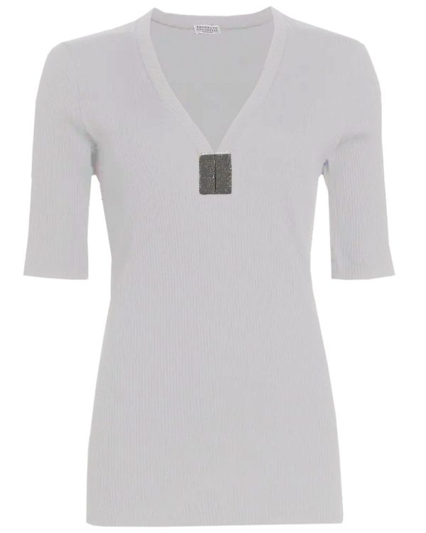 Bianco Monili Tab Rib V Neck Top Online