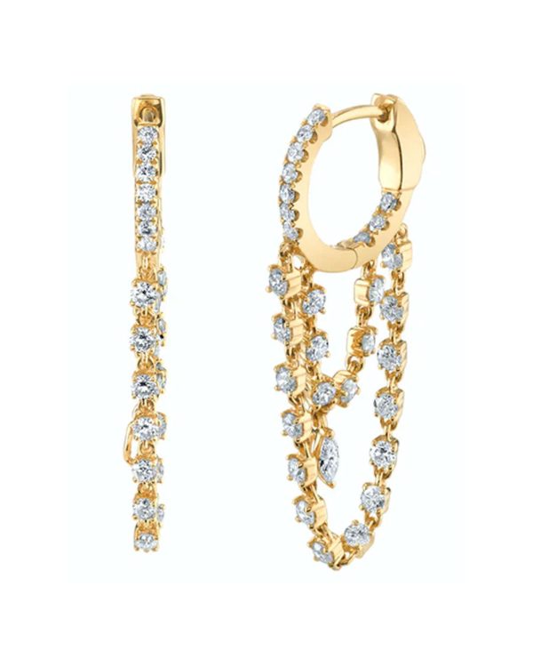 18k Yellow Gold Double Chain Drop Huggie Earrings Online