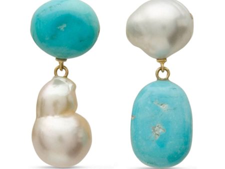 18k Yellow Gold Sleeping Beauty South Sea Pearl Mismatch Drop Earrings Sale