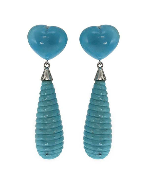 18k Yellow Gold Skipping Stones Carved Turquoise Brios Heart Earrings Online now