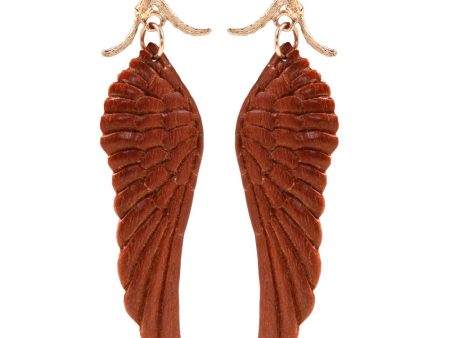 Yellow Gold Carved Sawo Wood Twig Top Angel Wing Earrings Supply