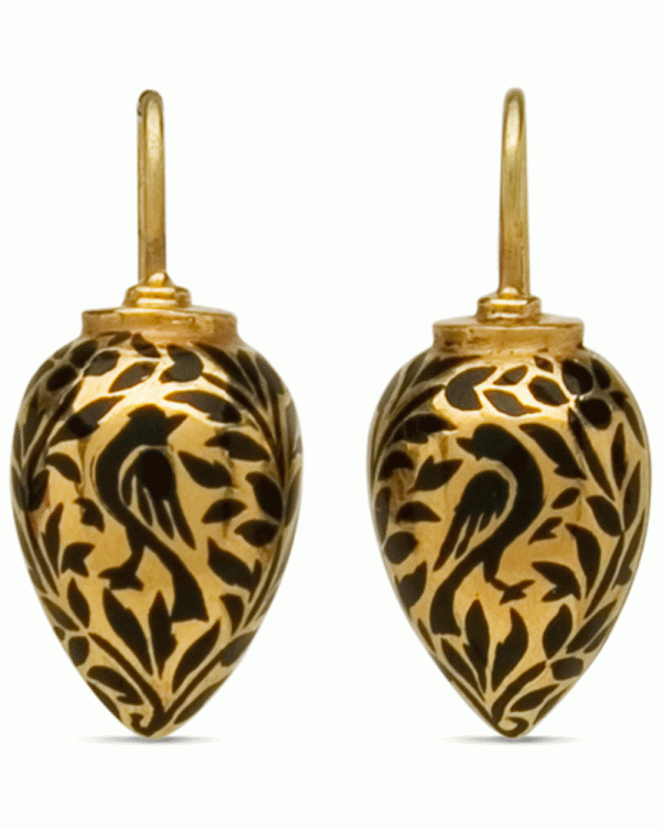 22k Yellow Gold Black Enamel Bird and Flower Drop Earrings Online Hot Sale