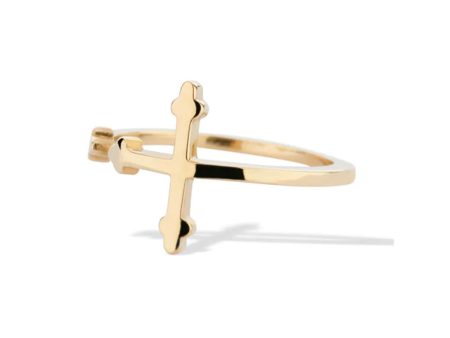 14k Yellow Gold Sideways Cross Ring For Sale