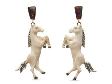 18k White Gold Opal Carved Bone Horses with Diamond Eyes Earrings Online Sale