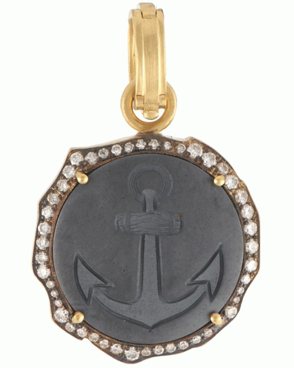 18k Yellow Gold Hematite Diamond Anchor Pendant Online Hot Sale