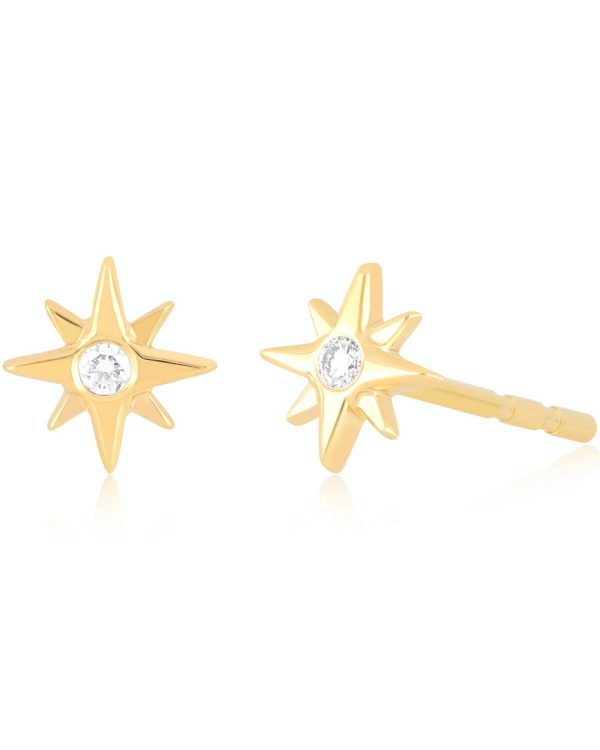 14k Yellow Gold Starburst Diamond Stud Earrings Fashion