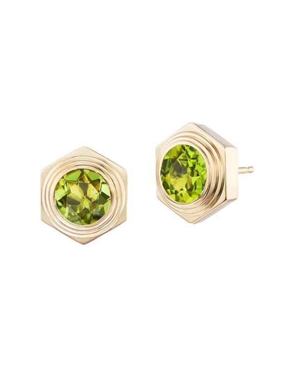 18k Yellow Gold Hexagonal Peridot Stone Stud Earrings Fashion