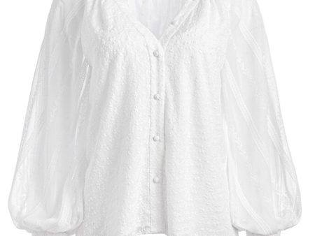 White Lang Embroidered Button Down Blouse Fashion