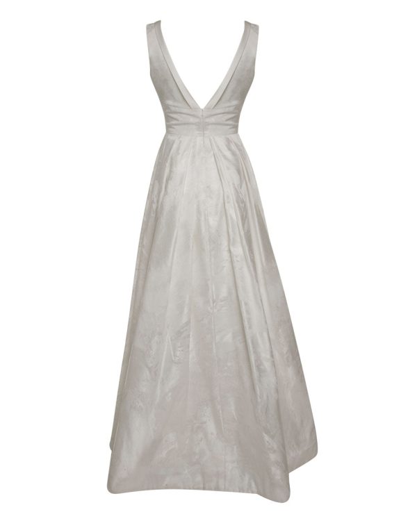 White Painted Metallic Italian Jacquard V-Neck Gown For Cheap