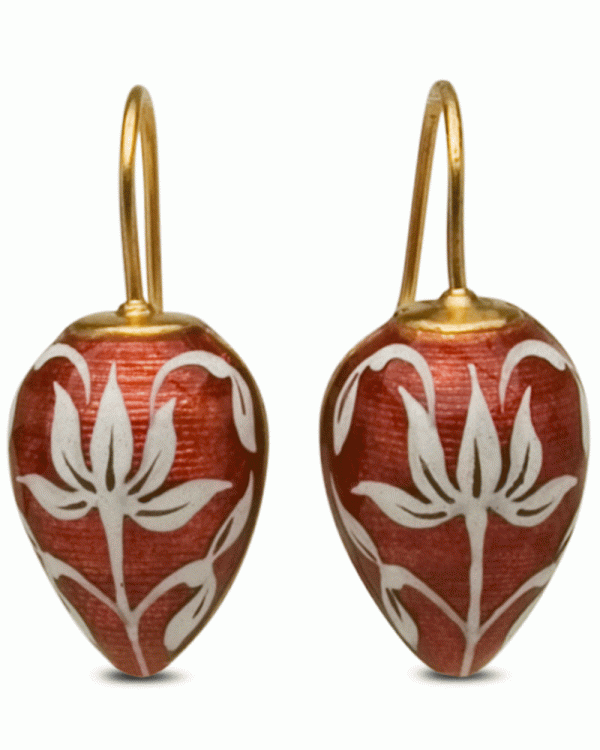 22k Yellow Gold Copper Enamel Flower Drop Earrings Fashion