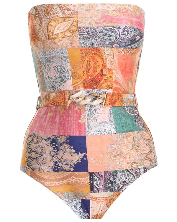 Spliced Patch Paisley Belted Anneke One Piece Swimsuit For Sale