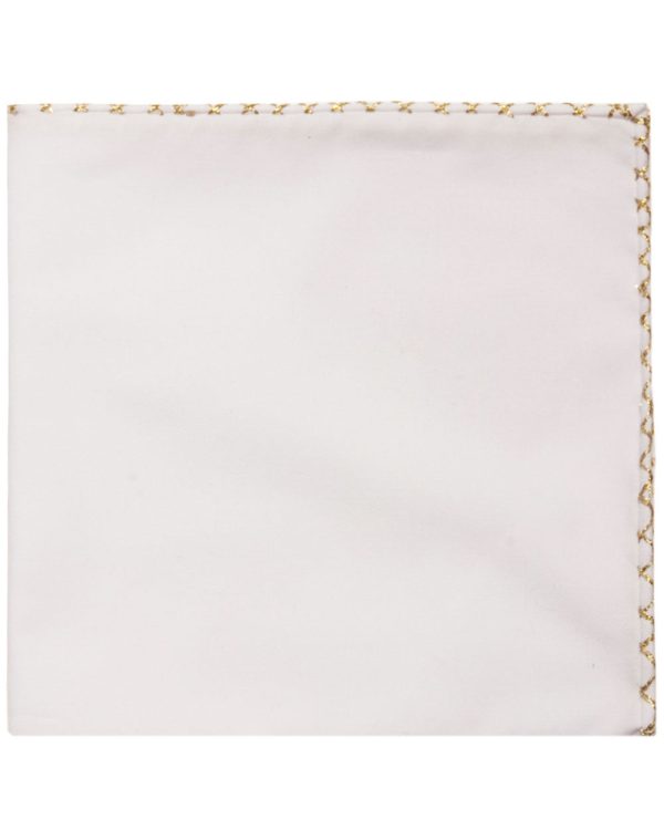 White and Gold Hem Pocket Square For Sale