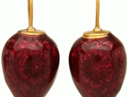 22k Yellow Gold Scrolled Crimson Enamel Flower Drop Earrings Sale